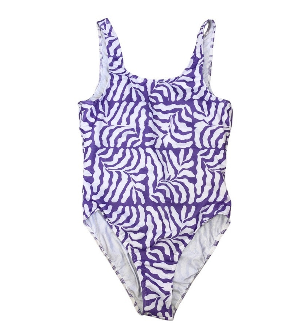 New Real Essentials One Piece Lilac Purple White Swimsuit Large